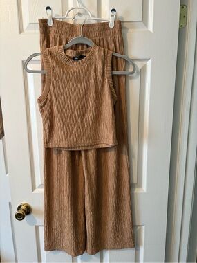 LOVE POEM Tan Ribbed Sleeveless Top & Wide-Leg Pants Set